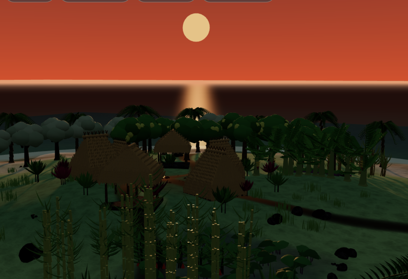 Kauhale village builder game at sunset with thatched hale and loi kalo
